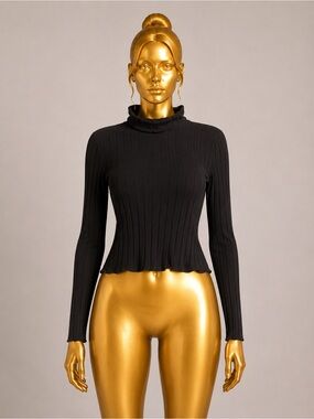 SHEIN Black Ribbed Mock Neck Cropped Knit Sweater Long Sleeve Size Large